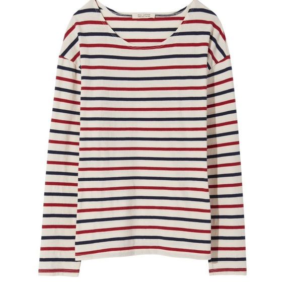 Nili Lotan Tops - Nili Lotan Cream Long Sleeve Stripe Boatneck Top with Red & Navy